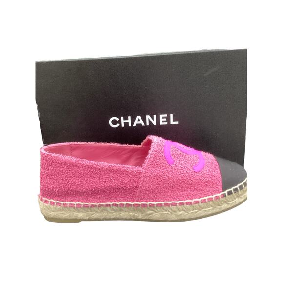 NIB Chanel Espadrilles Women SZ8 Made In Spain Fabric & Grosgrain Fuchsia &Black - Picture 4 of 9